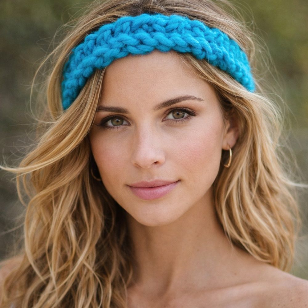HAND CRAFTED Luxury hand knit Malabrigio wool yarn headband turquoise stretch